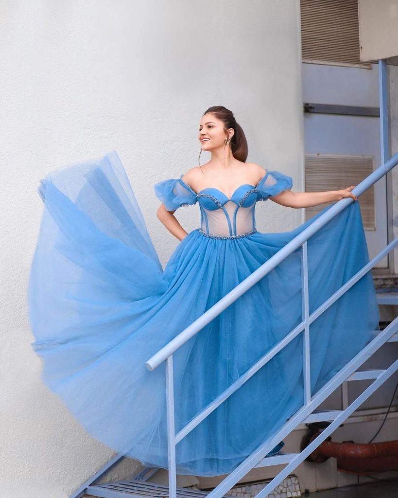 Sky Blue Ruffle Georgette Gown