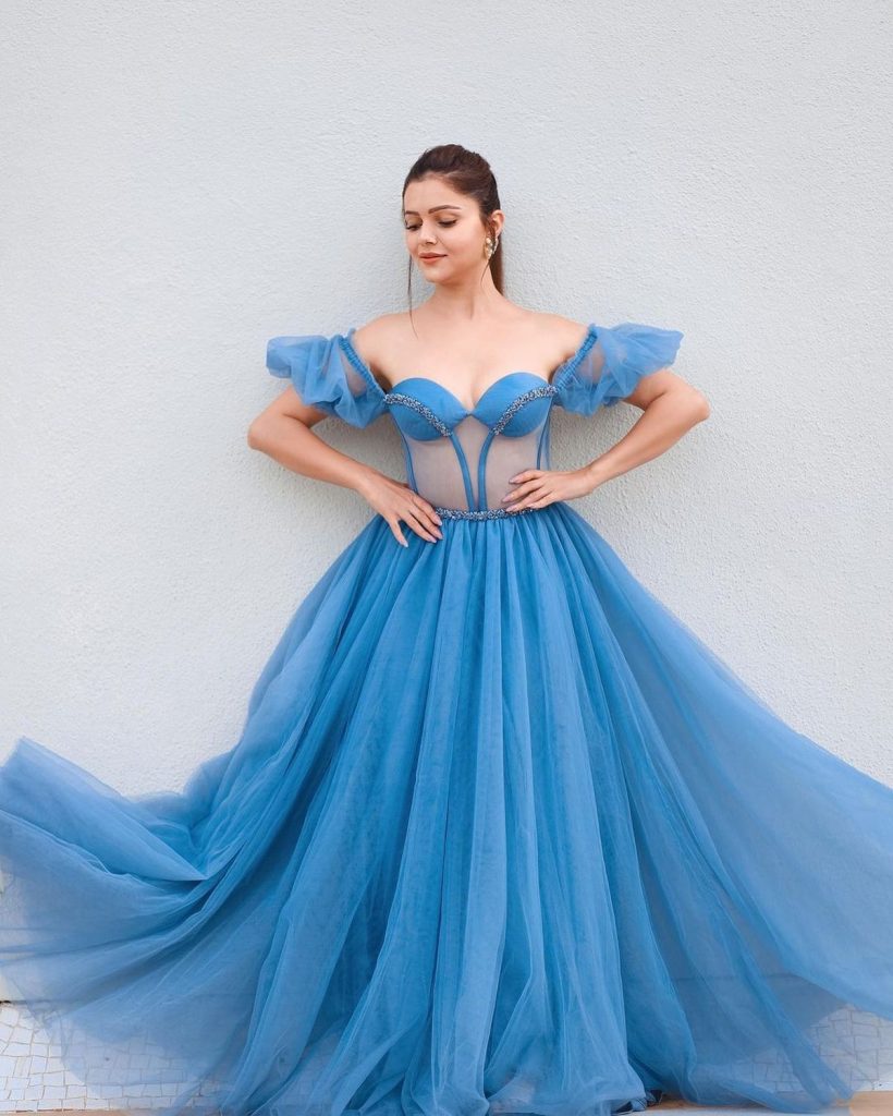 Sky blue gown in net – Panache Haute Couture